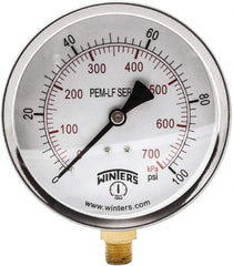 Winters - 4" Dial, 1/4 Thread, 0-100 Scale Range, Pressure Gauge - Lower Connection Mount, Accurate to 3-2-3% of Scale - Best Tool & Supply