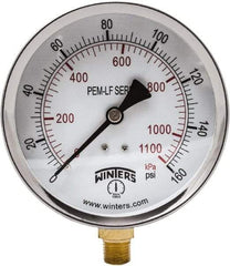 Winters - 4" Dial, 1/4 Thread, 0-160 Scale Range, Pressure Gauge - Lower Connection Mount, Accurate to 3-2-3% of Scale - Best Tool & Supply