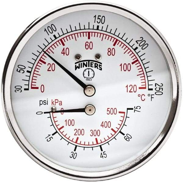 Winters - 3" Dial, 1/2 Thread, 0-75 Scale Range, Pressure Gauge - Center Back Connection Mount, Accurate to 0.03% of Scale - Best Tool & Supply