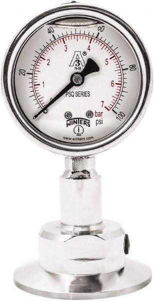 Winters - 2-1/2" Dial, 2 Thread, 0-100 Scale Range, Pressure Gauge - Lower Connection Mount, Accurate to 1.5% of Scale - Best Tool & Supply