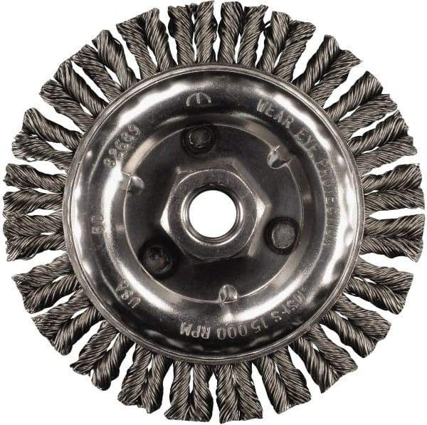 PFERD - 6" OD, 5/8-11 Arbor Hole, Knotted Stainless Steel Wheel Brush - 3/16" Face Width, 1-1/8" Trim Length, 0.02" Filament Diam, 12,500 RPM - Best Tool & Supply