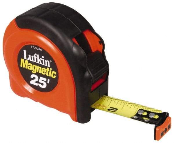 Lufkin - 25' x 1" Yellow Blade Tape Measure - 1/16" Graduation, A5 Graduation Style, Orange/Black Case - Best Tool & Supply