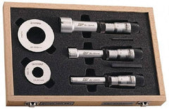 Fowler - 8 Piece, 2 to 4", Carbide, Hole Mechanical Inside Micrometer Set - 0.005mm Graduation, Ratchet Stop Thimble, Includes (2) Setting Rings, (3) Handles & (3) Heads - Best Tool & Supply