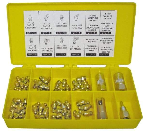 PRO-LUBE - 60 Piece, Inch, Box Plastic Steel Grease Fitting Set - Includes PTF, UNF Thread Types, Includes 1/4-28 SAE-LT: (25) Straight, (4) 45°, (4) 90°, 1/8-27 PTF: (15) Straight, (4) 45°, (4) 90° - Best Tool & Supply