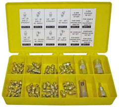 PRO-LUBE - 60 Piece, Inch, Box Plastic Steel Grease Fitting Set - Includes PTF, UNF Thread Types, Includes 1/4-28 SAE-LT: (25) Straight, (4) 45°, (4) 90°, 1/8-27 PTF: (15) Straight, (4) 45°, (4) 90° - Best Tool & Supply