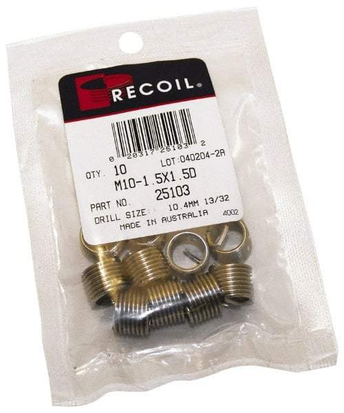 Recoil - 10 Inserts, M3x0.5 Metric Coarse, 1-1/2D, Stainless Steel Screw Locking Insert - 4.5mm Overall Length, with Tang, Bright Finish - Exact Industrial Supply