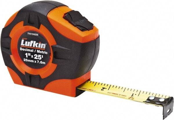 Lufkin - 26' x 1" Yellow Blade Tape Measure - 1/10 & 1/100' Graduation, A29 Graduation Style, High-Visibility Orange Case - Best Tool & Supply