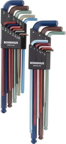 Bondhus - 22 Piece L-Key Ball End Hex Key Set - Hex Range 0.05 to 3/8", 8.4" OAL - Best Tool & Supply