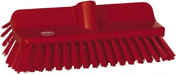 Vikan - 1-1/2" Bristle Length, Polyester Cleaning & Finishing Brush - 9-5/8" Long x 5" Wide Head, 10" OAL, European Threaded Handle, Red, Polypropylene Block - Best Tool & Supply