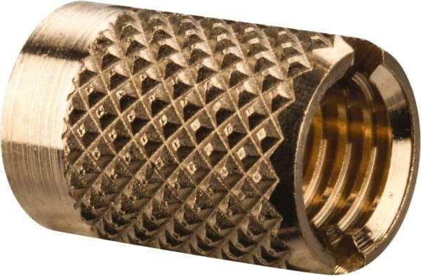 E-Z LOK - M5x0.80 Metric Coarse Brass Flush Press Fit Threaded Insert for Plastic - 3/8" OAL, 0.262" Insert Diam, 1/4" Hole Diam, 1/4" Drill - Best Tool & Supply