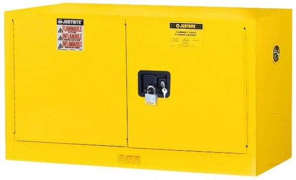 Justrite - 2 Door, 1 Shelf, Yellow Steel Stackable Safety Cabinet for Flammable and Combustible Liquids - 24" High x 43" Wide x 18" Deep, Self Closing Door, 17 Gal Capacity - Best Tool & Supply