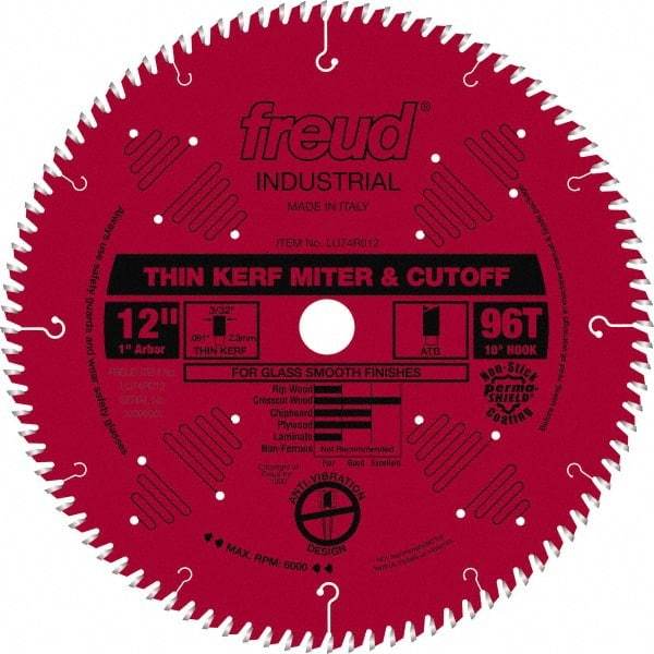 Freud - 12" Diam, 1" Arbor Hole Diam, 96 Tooth Wet & Dry Cut Saw Blade - Carbide-Tipped, Standard Round Arbor - Best Tool & Supply