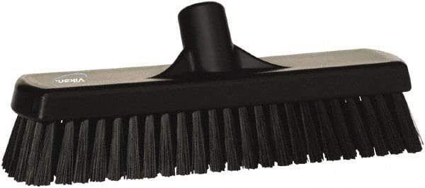 Vikan - 1.7" Bristle Length, Polyester Scrub Brush - 11-1/4" Long x 3" Wide Head, 12" OAL, European Threaded Handle, Black, Polypropylene Block - Best Tool & Supply