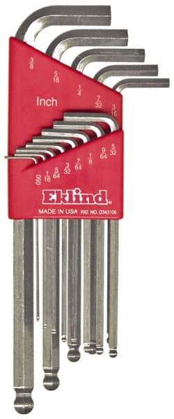 Eklind - 13 Piece L-Key Ball End Hex Key Set - Hex Range 0.05 to 3/8", Alloy Steel - Best Tool & Supply