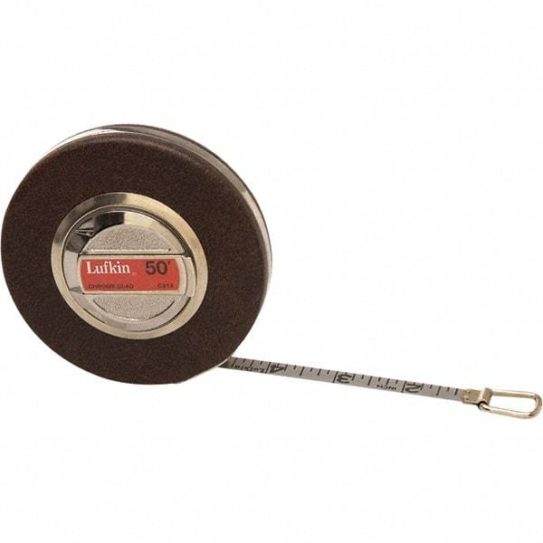 Lufkin - 50' x 3/8" White Steel Blade Tape Measure - 1/10 & 1/100" Graduation, Inch Graduation Style, Brown Vinyl Clad Steel Case - Best Tool & Supply