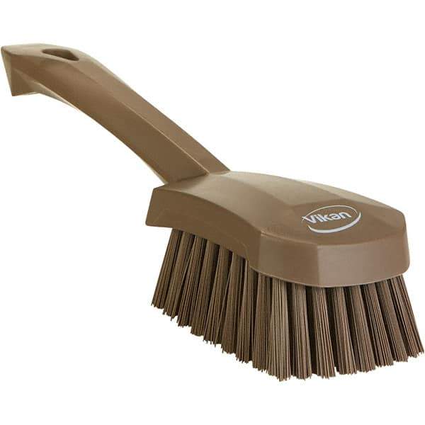 Vikan - 1.3" Bristle Length, Polyester Scrub Brush - 4-1/4" Long x 2-3/4" Wide Head, 10" OAL, Ergonomic Handle, Brown, Polypropylene Block - Best Tool & Supply