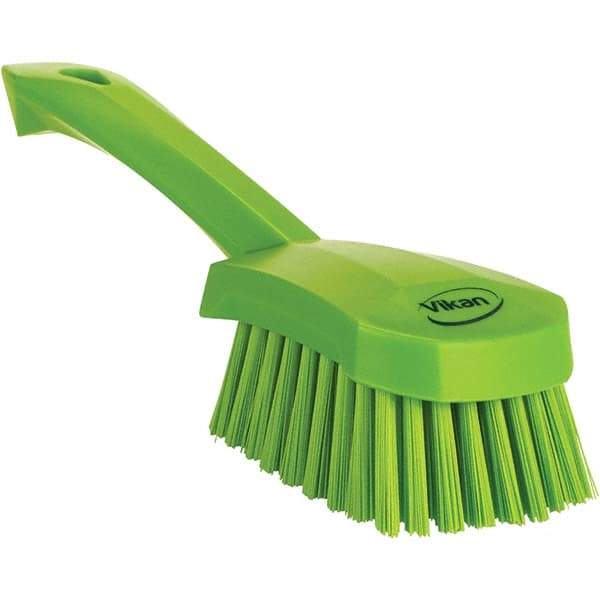 Vikan - 1.3" Bristle Length, Polyester Scrub Brush - 4-1/4" Long x 2-3/4" Wide Head, 10" OAL, Ergonomic Handle, Green, Polypropylene Block - Best Tool & Supply