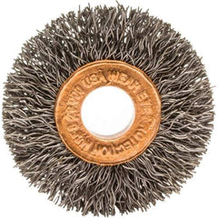 Brush Research Mfg. - 1-1/2" OD, 3/8" Arbor Hole, Crimped Carbon Wheel Brush - 1/4" Face Width, 3/8" Trim Length, 20,000 RPM - Best Tool & Supply