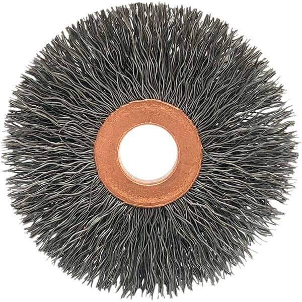 Brush Research Mfg. - 3" OD, 1/2" Arbor Hole, Crimped Carbon Wheel Brush - 5/8" Face Width, 1-1/16" Trim Length, 20,000 RPM - Best Tool & Supply