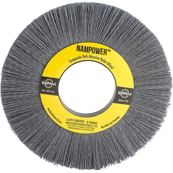 Brush Research Mfg. - 6" OD, 2" Arbor Hole, Crimped Abrasive Nylon Wheel Brush - 1/2" Face Width, 1-1/2" Trim Length, 3,600 RPM - Best Tool & Supply