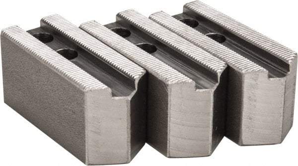 H & R Manufacturing - 1.5mm x 60° Serrated Attachment, Square Soft Lathe Chuck Jaw - 3 Jaws, Steel, 0.787" Btw Mount Hole Ctrs, 3-1/8" Long x 1-1/4" Wide x 1-1/2" High, 0.472" Groove, 10mm Fastener - Best Tool & Supply