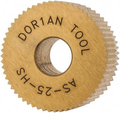 Dorian Tool - 3/4" Diam, 90° Tooth Angle, 25 TPI, Standard (Shape), Form Type High Speed Steel Straight Knurl Wheel - 3/8" Face Width, 1/4" Hole, Circular Pitch, Bright Finish, Series A - Exact Industrial Supply