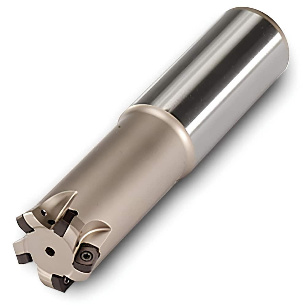 Indexable High-Feed End Mill: 1″ Cut Dia, 1″ Cylindrical Shank Uses 3 UNLU Inserts, 0.06″ Max Depth, 7″ OAL, Through Coolant