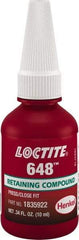 Loctite - 10 mL, Green, High Strength Gel Retaining Compound - Series 648, 24 hr Full Cure Time - Best Tool & Supply