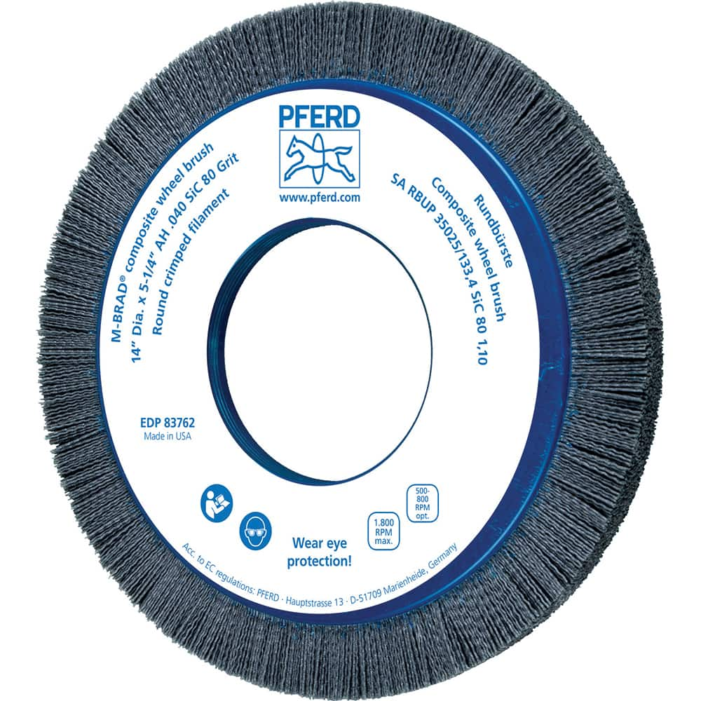 PFERD - Wheel Brushes; Outside Diameter (Inch): 14 ; Wire Type: Crimped; Round ; Fill Material: Nylon ; Trim Length (Inch): 1-1/2 ; Filament Wire Diameter Range: 0.0300 & Above ; Maximum RPM: 1800.000 - Exact Industrial Supply