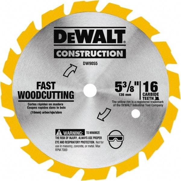 DeWALT - 5-3/8" Diam, 0.3937" Arbor Hole Diam, 16 Tooth Wet & Dry Cut Saw Blade - Tungsten Carbide-Tipped, Fast Cutting Action, Diamond Arbor - Best Tool & Supply