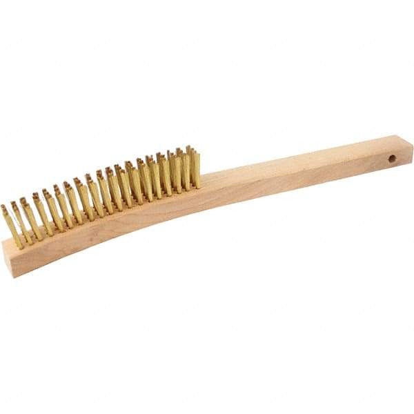 Brush Research Mfg. - 4 Rows x 19 Columns Brass Scratch Brush - 5-3/4" Brush Length, 13-3/4" OAL, 1-1/8 Trim Length, Wood Curved Back Handle - Best Tool & Supply