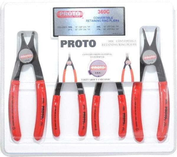 Proto - 4 Piece, 3/8 to 2" Bore, 1/4 to 2" Shaft, Convertible Retaining Ring Pliers Set - 0.038 to 0.07" Tip Diam Range - Best Tool & Supply