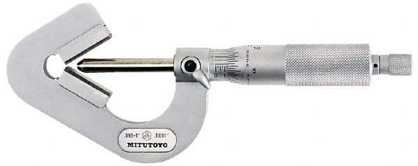 Mitutoyo - 0.05 to 0.6 Inch Measurement, 0.001 Inch Graduation, Accuracy Up to 0.0002 Inch, 3 Flutes Measured, Ratchet Stop Thimble, Mechanical V Anvil Micrometer - 6.35mm Spindle Diameter, Carbide, 23.46mm Throat Depth - Best Tool & Supply