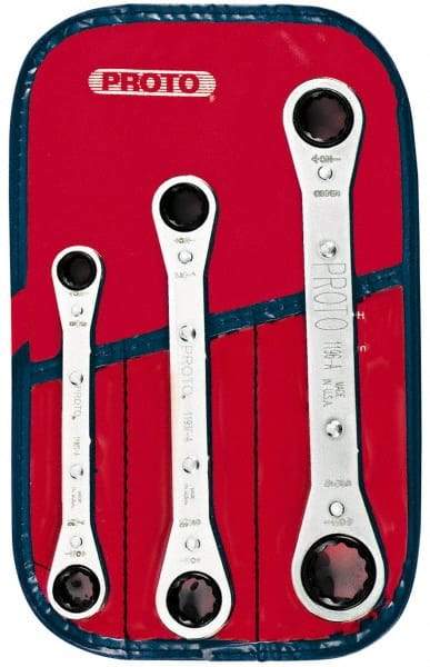 Proto - 3 Piece, 3/8" to 11/16", 12 Point Ratcheting Box Wrench Set - Inch Measurement Standard, Chrome Finish, Comes in Pouch - Best Tool & Supply