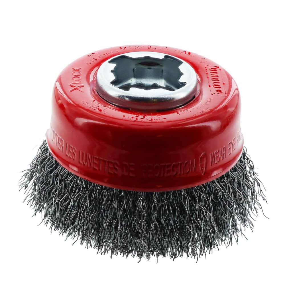 Cup Brushes; Brush Type: Crimped; Mount Type: X-LOCK; Fill Material: Carbon Steel; Grade: Coarse; Grit: 0; Shank Included: No; Maximum Rpm: 12500.000; Brush Color: Red; Brush Diameter (Decimal Inch): 3; Shank Diameter (Decimal Inch): 3; Trim Length (Inch)