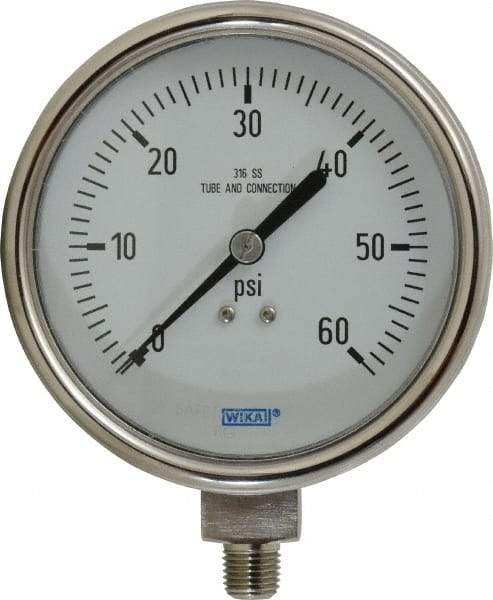 Wika - 4" Dial, 1/4 Thread, 0-60 Scale Range, Pressure Gauge - Lower Connection Mount, Accurate to 1% of Scale - Best Tool & Supply