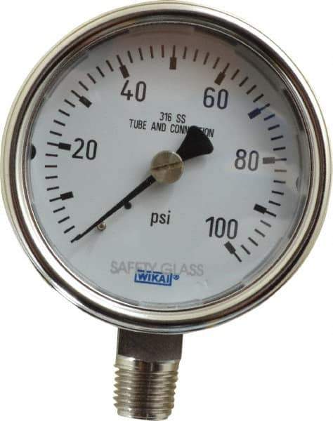 Wika - 2-1/2" Dial, 1/4 Thread, 0-100 Scale Range, Pressure Gauge - Lower Connection Mount, Accurate to 2-1-2% of Scale - Best Tool & Supply