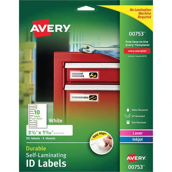 AVERY - Pack of (50), 1-1/32" x 3-1/2" White Paper Self Laminating Labels - Best Tool & Supply