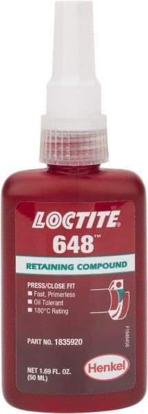 Loctite - 50 mL Bottle, Green, High Strength Liquid Retaining Compound - Series 648, 24 hr Full Cure Time, Heat Removal - Best Tool & Supply