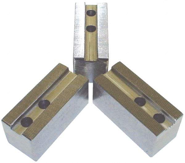 H & R Manufacturing - 3/32 x 90° Serrated Attachment, Square Soft Lathe Chuck Jaw - 3 Jaws, Steel, 1-9/16" Btw Mount Hole Ctrs, 6-1/4" Long x 2-1/2" Wide x 3" High, 1" Groove - Best Tool & Supply