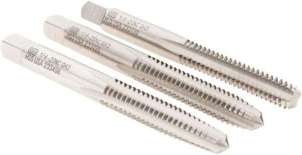 Union Butterfield - 1/4-20 UNC, 4 Flute, Bottoming, Plug & Taper, Bright Finish, High Speed Steel Tap Set - Right Hand Cut, 2-1/2" OAL, 1" Thread Length, 2B; 3B Class of Fit, Series 1500 - Best Tool & Supply