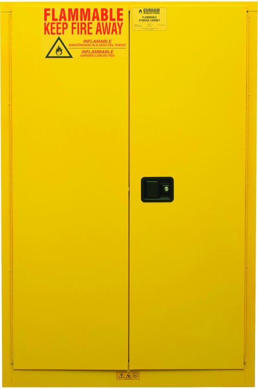 45 Gallon - All Welded - FM Approved - Flammable Safety Cabinet - Manual Doors - 2 Shelves - Safety Yellow - Best Tool & Supply