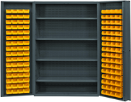 48"W - 14 Gauge - Lockable Cabinet - With 128 Yellow Hook-on Bins - 4 Adjustable Shelves - Deep Door Style - Gray - Best Tool & Supply