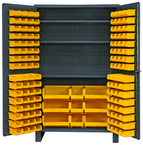 48"W - 14 Gauge - Lockable Cabinet - With 137 Yellow Hook-on Bins - 3 Adjustable Shelves - Flush Door Style - Gray - Best Tool & Supply