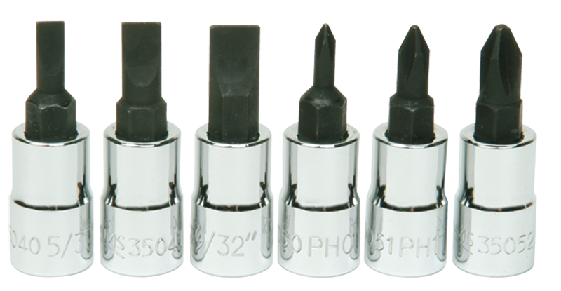 6 Piece - #9309068 - #0; #1; #2 Phillips; 5/32; 7/32; 9/32" Slotted - 1/4" Drive - Socket Drive Hex Bit Set - Best Tool & Supply