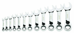 12 Piece - 12 Pt Ratcheting Stubby Combination Wrench Set - High Polish Chrome Finish - Metric; 8mm - 19mm - Best Tool & Supply