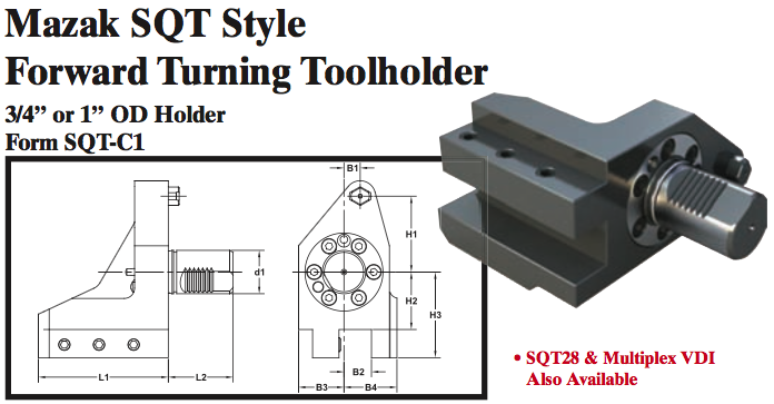 Mazak SQT Stye Forward Turning Toolholder (3/4Ó or 1Ó OD Holder Form SQT-C1) - Part #: SQT31.2825 - Best Tool & Supply