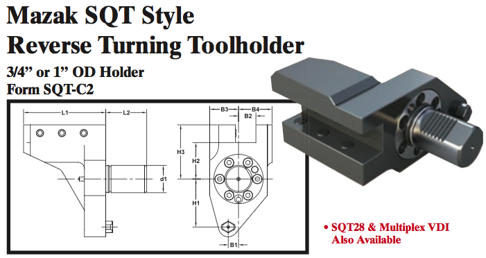 Mazak SQT Stye Reverse Turning Toolholder (3/4Ó or 1Ó OD Holder Form SQT-C2) - Part #: SQT32.1020 - Best Tool & Supply