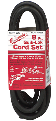 #48-76-4008 - Fits: Most Milwaukee 3-Wire Quik-Lok Cord Sets @ 8' - Replacement Cord - Best Tool & Supply
