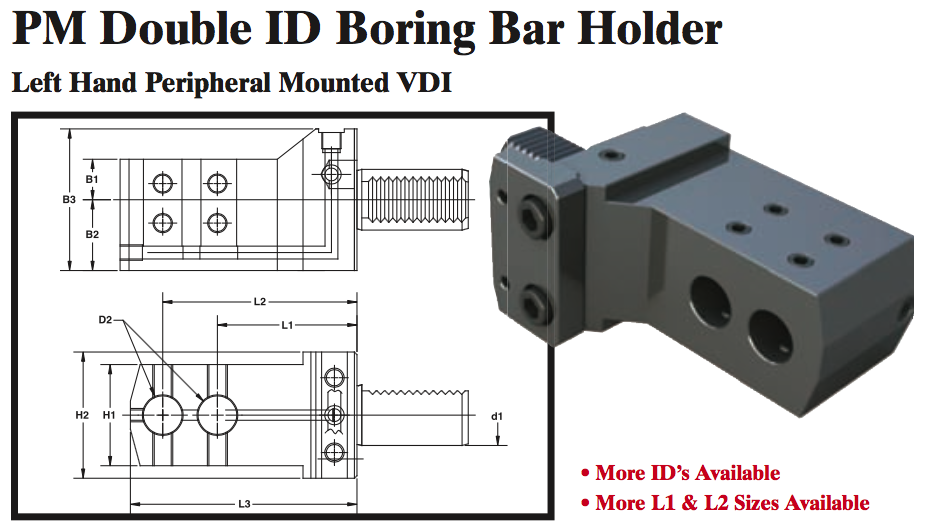 PM Double ID Boring Bar Holder (Left Hand Peripheral Mounted VDI) - Part #: PM91.3020L - Best Tool & Supply
